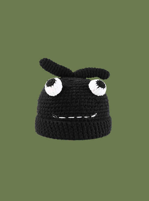 Black Sausage Big Eyed Monster Winter Warm Cute Childlike Cartoon Funny Abstract Kawaii Fashion Woolen Hat