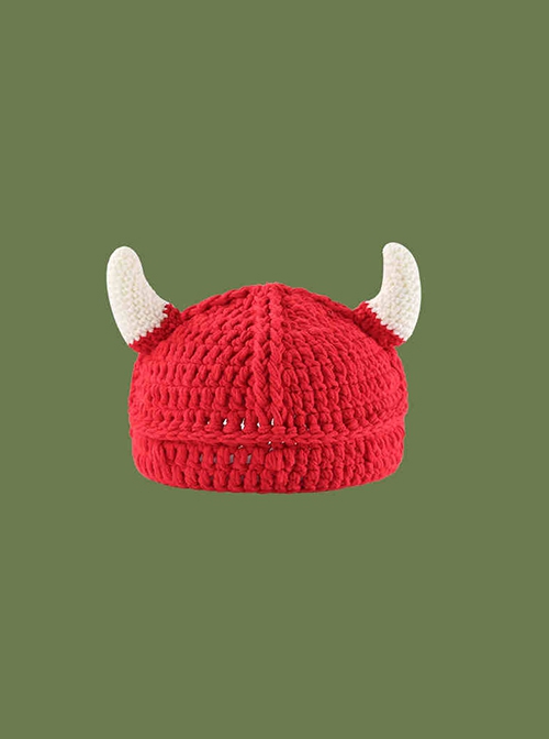 Childlike Cartoon Red Horns Decoration Winter Warm Cute Funny Kawaii Fashion Woolen Hat