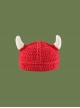 Childlike Cartoon Red Horns Decoration Winter Warm Cute Funny Kawaii Fashion Woolen Hat