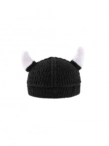 Black Horns Decoration Simple Versatile Cute Childlike Cartoon Funny Kawaii Fashion Winter Warm Woolen Hat