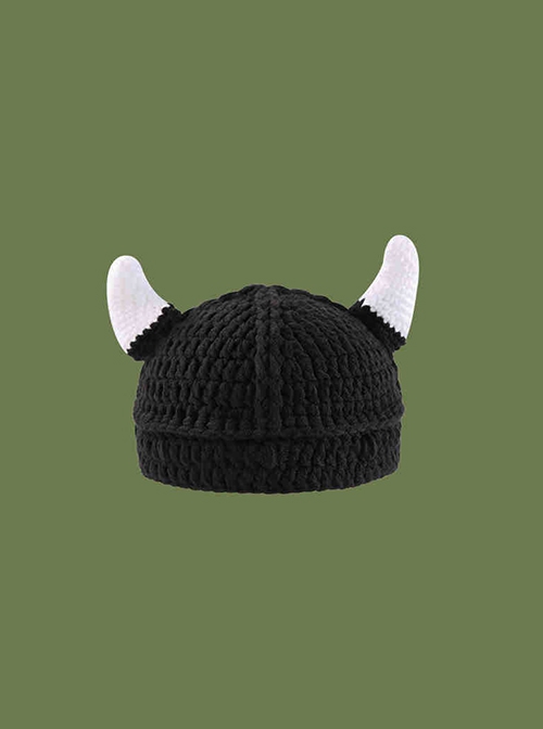 Black Horns Decoration Simple Versatile Cute Childlike Cartoon Funny Kawaii Fashion Winter Warm Woolen Hat