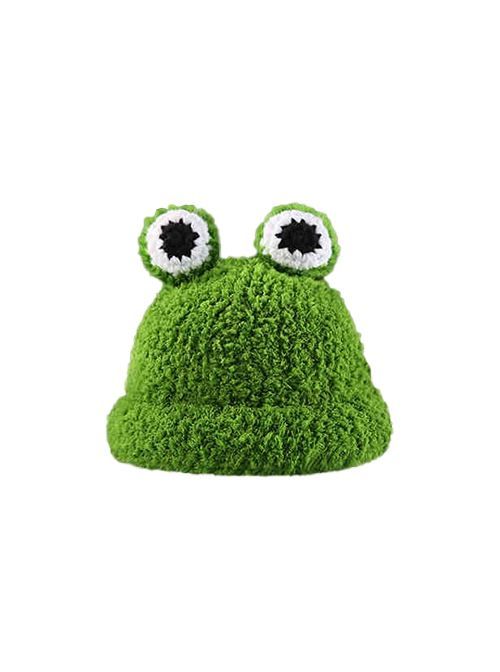 Green Plush Frog Big Eyes Childlike Cute Kawaii Fashion Protection Winter Warm Bucket Hat