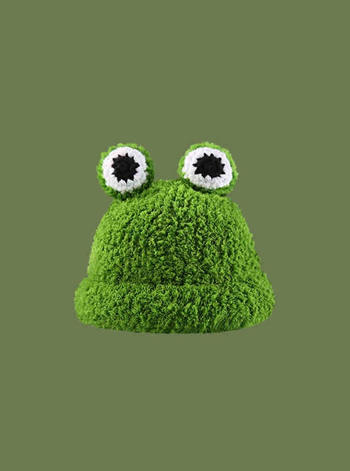 Green Plush Frog Big Eyes Childlike Cute Kawaii Fashion Protection Winter Warm Bucket Hat