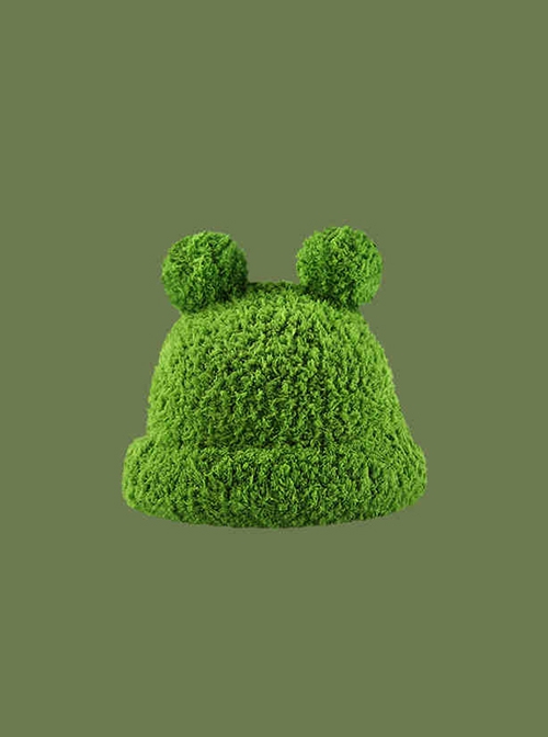 Green Plush Frog Big Eyes Childlike Cute Kawaii Fashion Protection Winter Warm Bucket Hat