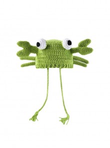 Green Small Crab Childlike Cute Kawaii Fashion Protection Winter Warm Woolen Yarn Tassel Hat