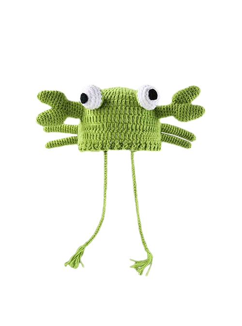 Green Small Crab Childlike Cute Kawaii Fashion Protection Winter Warm Woolen Yarn Tassel Hat