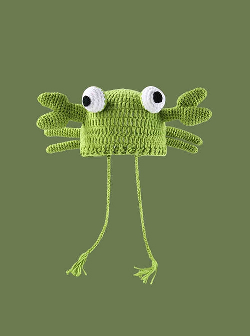 Green Small Crab Childlike Cute Kawaii Fashion Protection Winter Warm Woolen Yarn Tassel Hat