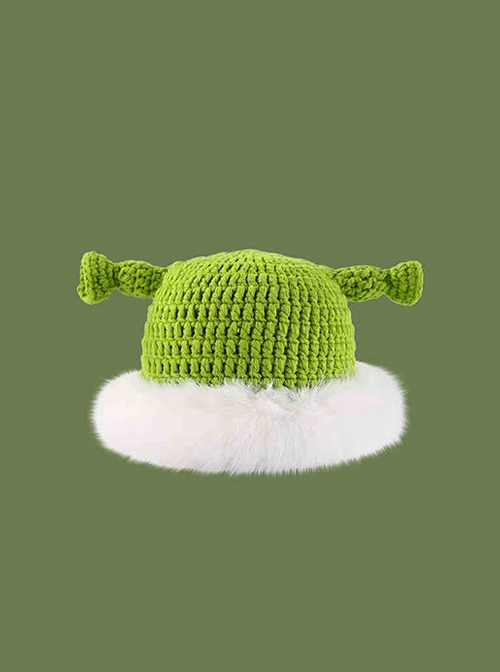 Plush Green Trumpet Cute Kawaii Fashion Protection Winter Warm Woolen Yarn Bucket Hat