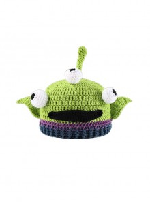 Green Sharp Corners Three Eyes Mouth Monster Kawaii Fashion Protection Funny Winter Warm Woolen Yarn Hat