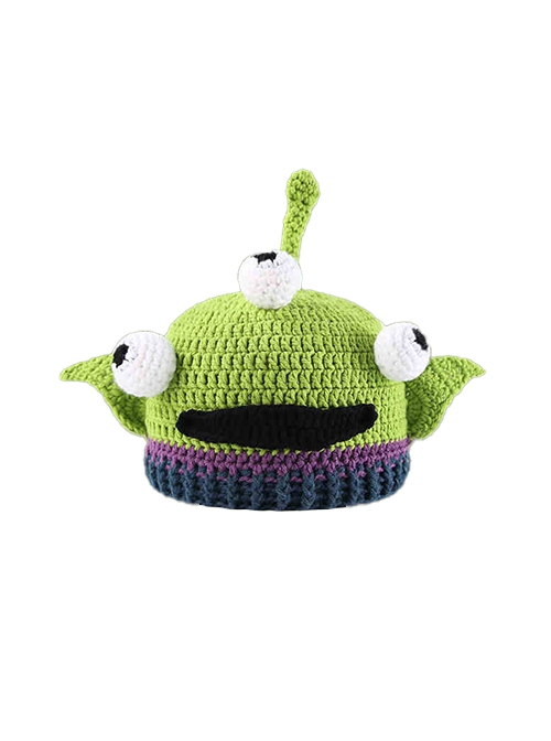 Green Sharp Corners Three Eyes Mouth Monster Kawaii Fashion Protection Funny Winter Warm Woolen Yarn Hat