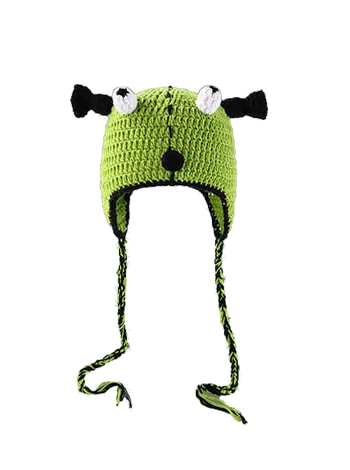 Funny Green Bulging Eyes Aggrieved Monster Childlike Kawaii Fashion Ear Protection Cycling Wool Tassel Hat