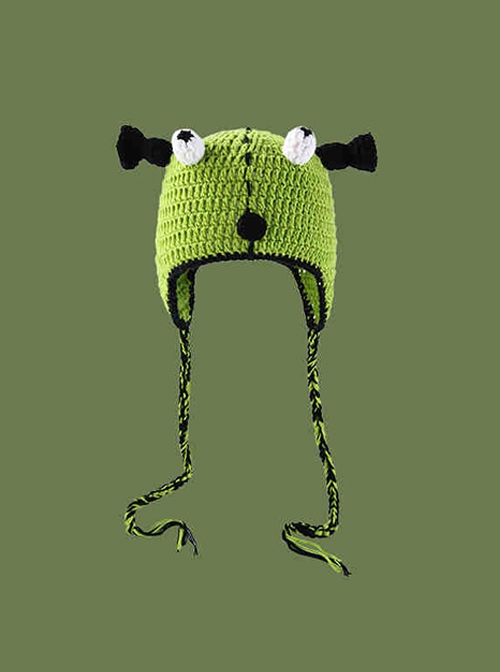 Funny Green Bulging Eyes Aggrieved Monster Childlike Kawaii Fashion Ear Protection Cycling Wool Tassel Hat