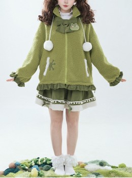 Winter Frog Series Ruffles Grass Green Bowknot Childlike Kawaii Fashion Lambswool Hooded Coat Skirt Brooch Set