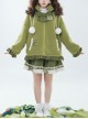 Winter Frog Series Ruffles Grass Green Bowknot Childlike Kawaii Fashion Lambswool Hooded Coat Skirt Brooch Set