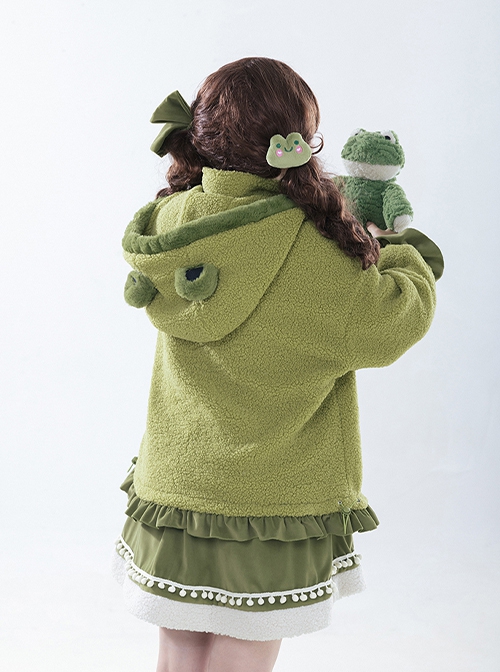 Winter Frog Series Ruffles Grass Green Bowknot Childlike Kawaii Fashion Lambswool Hooded Coat Skirt Brooch Set