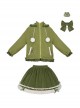 Winter Frog Series Ruffles Grass Green Bowknot Childlike Kawaii Fashion Lambswool Hooded Coat Skirt Brooch Set