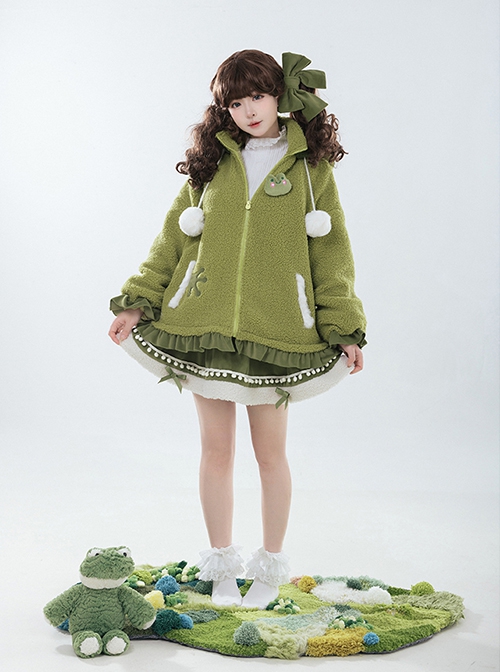 Winter Frog Series Ruffles Grass Green Bowknot Childlike Kawaii Fashion Lambswool Hooded Coat Skirt Brooch Set