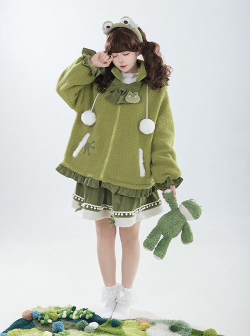 Winter Frog Series Ruffles Grass Green Bowknot Childlike Kawaii Fashion Lambswool Hooded Coat Skirt Brooch Set