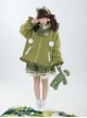 Winter Frog Series Ruffles Grass Green Bowknot Childlike Kawaii Fashion Lambswool Hooded Coat Skirt Brooch Set