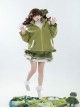 Winter Frog Series Ruffles Grass Green Bowknot Childlike Kawaii Fashion Lambswool Hooded Coat Skirt Brooch Set