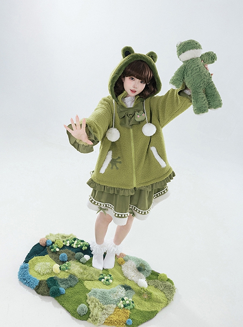 Winter Frog Series Ruffles Grass Green Bowknot Childlike Kawaii Fashion Lambswool Hooded Coat Skirt Brooch Set