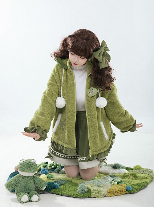 Winter Frog Series Ruffles Grass Green Bowknot Childlike Kawaii Fashion Lambswool Hooded Coat Skirt Brooch Set