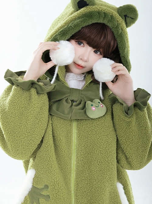 Winter Frog Series Ruffles Grass Green Bowknot Childlike Kawaii Fashion Lambswool Hooded Coat Skirt Brooch Set