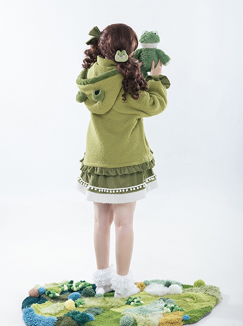 Winter Frog Series Ruffles Grass Green Bowknot Childlike Kawaii Fashion Lambswool Hooded Coat Skirt Brooch Set