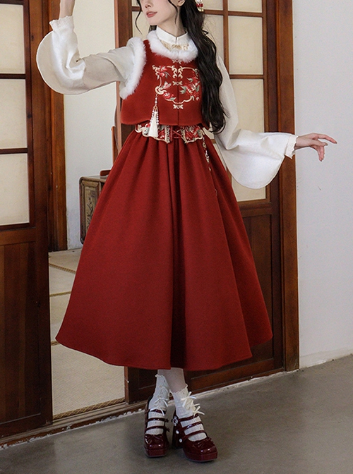 As You Wish Series Chinoiserie New Year Festive Red Sweet Lolita Long Overalls Skirt Shirt Plush Vest Tassel Hairpin Set