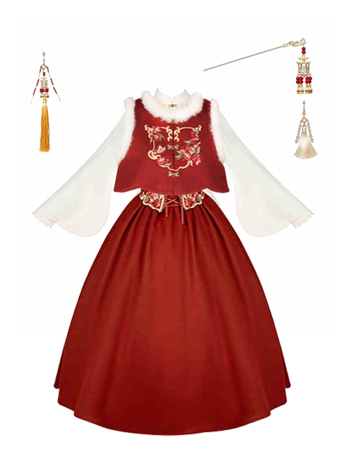 As You Wish Series Chinoiserie New Year Festive Red Sweet Lolita Long Overalls Skirt Shirt Plush Vest Tassel Hairpin Set