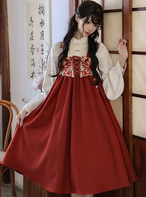 As You Wish Series Chinoiserie New Year Festive Red Sweet Lolita Long Overalls Skirt Shirt Plush Vest Tassel Hairpin Set