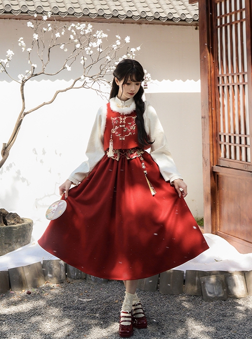 As You Wish Series Chinoiserie New Year Festive Red Sweet Lolita Long Overalls Skirt Shirt Plush Vest Tassel Hairpin Set