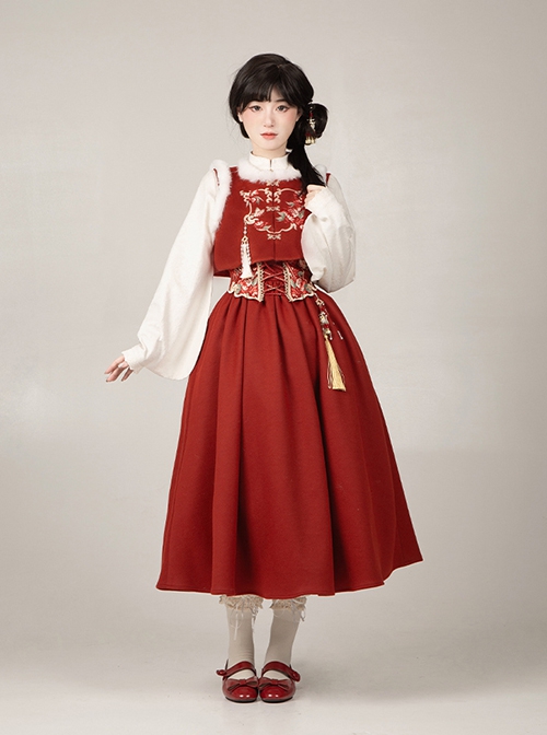 As You Wish Series Chinoiserie New Year Festive Red Sweet Lolita Long Overalls Skirt Shirt Plush Vest Tassel Hairpin Set