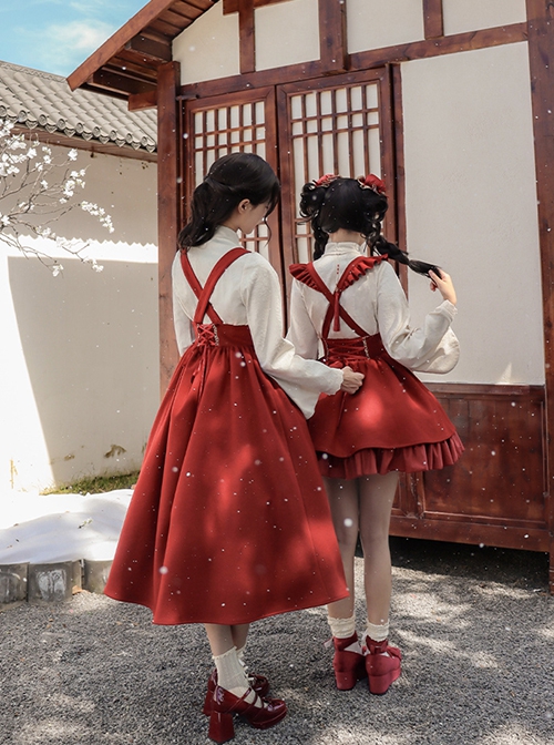 As You Wish Series Chinoiserie New Year Festive Red Sweet Lolita Long Overalls Skirt Shirt Plush Vest Tassel Hairpin Set