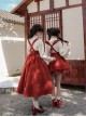 As You Wish Series Chinoiserie New Year Festive Red Sweet Lolita Long Overalls Skirt Shirt Plush Vest Tassel Hairpin Set