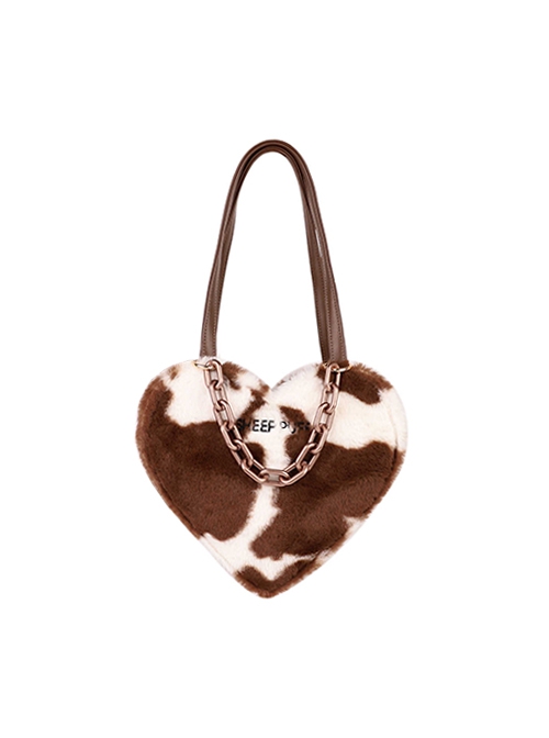 Love Crit Series Leopard Brown Brindle Chain Cute Hottie Sweet Lolita Plush Heart Shape Bag