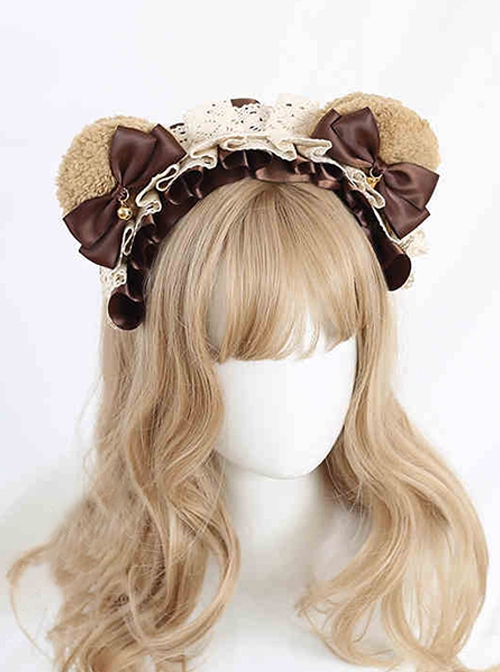 Plush Brown Bear Ears Kawaii Versatile Sweet Lolita Small Bell Satin Bowknot Ruffles Headband