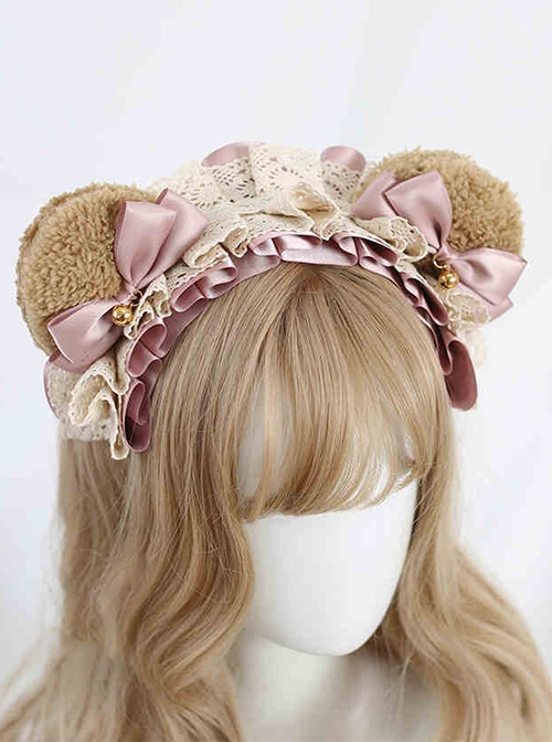 Plush Brown Bear Ears Kawaii Versatile Sweet Lolita Small Bell Satin Bowknot Ruffles Headband