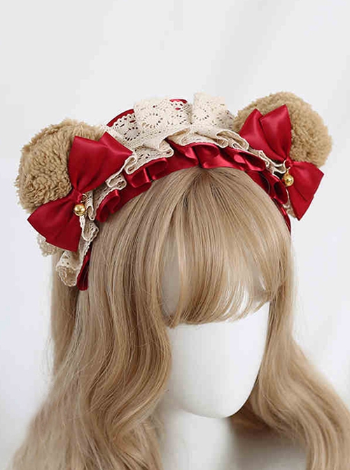 Plush Brown Bear Ears Kawaii Versatile Sweet Lolita Small Bell Satin Bowknot Ruffles Headband