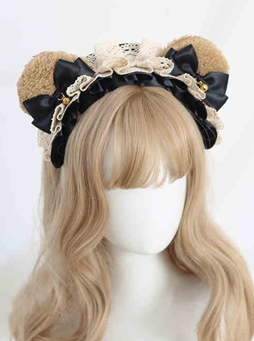 Plush Brown Bear Ears Kawaii Versatile Sweet Lolita Small Bell Satin Bowknot Ruffles Headband