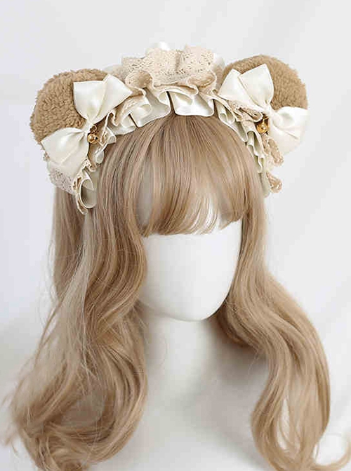 Plush Brown Bear Ears Kawaii Versatile Sweet Lolita Small Bell Satin Bowknot Ruffles Headband