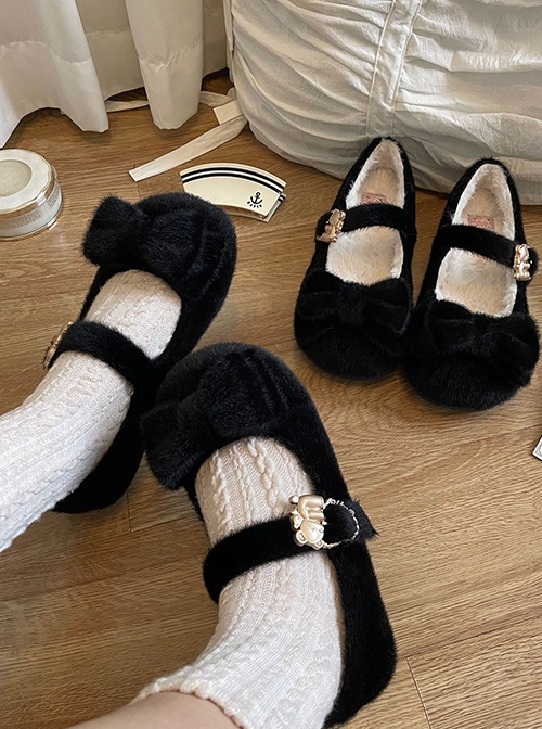 Hug Bear Plush Version Series Soft Fall Winter Cute Bowknot Sweet Lolita Comfortable Low Heels Mary Jane Shoes