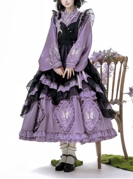 Butterfly Orchid Garden Series Chinoiserie Purple Classic Lolita Cover Up Apron Tassel Long Sleeve Dress Set