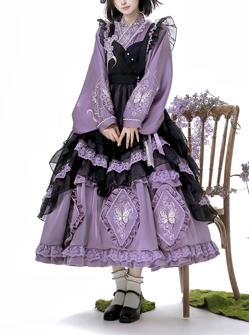 Butterfly Orchid Garden Series Chinoiserie Purple Classic Lolita Cover Up Apron Tassel Long Sleeve Dress Set