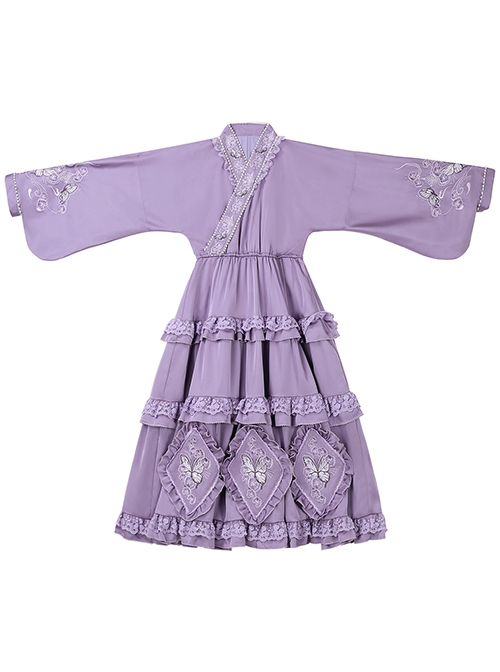 Butterfly Orchid Garden Series Chinoiserie Purple Classic Lolita Cover Up Apron Tassel Long Sleeve Dress Set