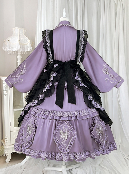 Butterfly Orchid Garden Series Chinoiserie Purple Classic Lolita Cover Up Apron Tassel Long Sleeve Dress Set