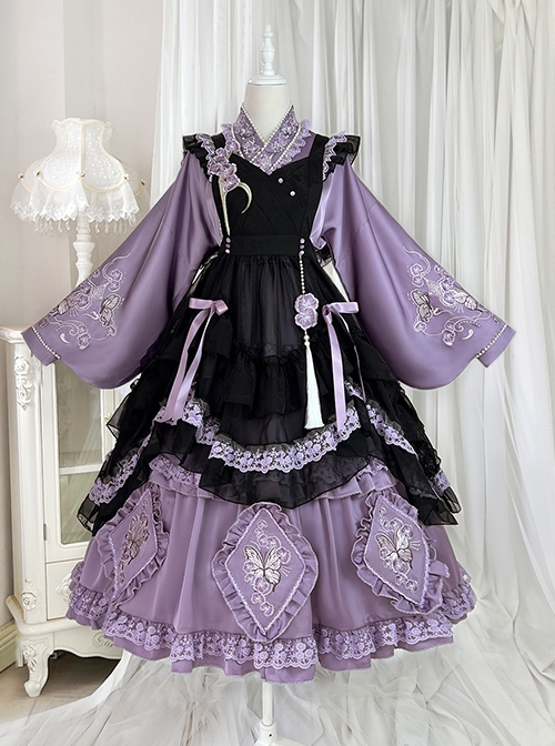 Butterfly Orchid Garden Series Chinoiserie Purple Classic Lolita Cover Up Apron Tassel Long Sleeve Dress Set