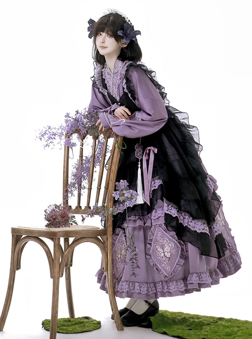 Butterfly Orchid Garden Series Chinoiserie Purple Classic Lolita Cover Up Apron Tassel Long Sleeve Dress Set