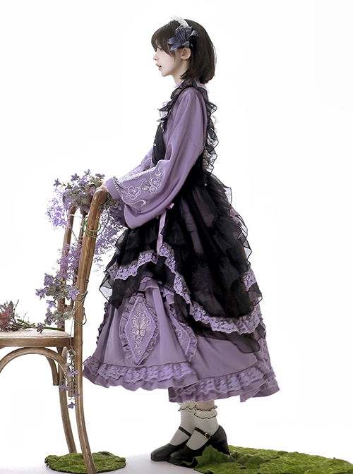 Butterfly Orchid Garden Series Chinoiserie Purple Classic Lolita Cover Up Apron Tassel Long Sleeve Dress Set