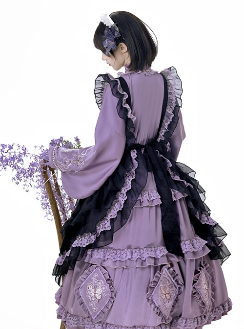 Butterfly Orchid Garden Series Chinoiserie Purple Classic Lolita Cover Up Apron Tassel Long Sleeve Dress Set